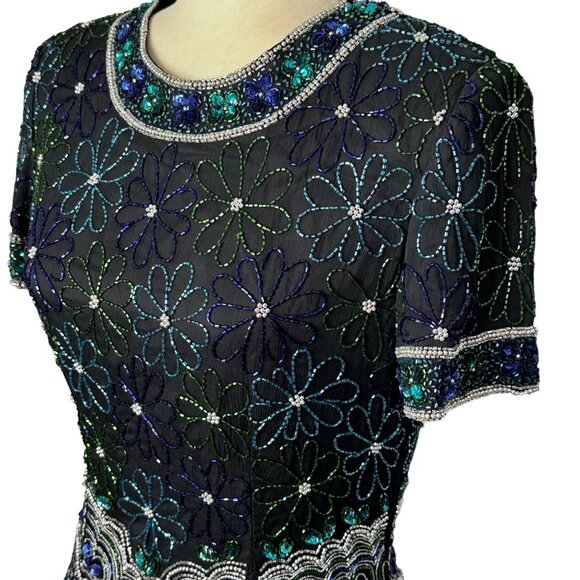 Laurence Kazar Black Beaded Silk Top Womens Small Vintage Sequin Party Blouse - Picture 2 of 12